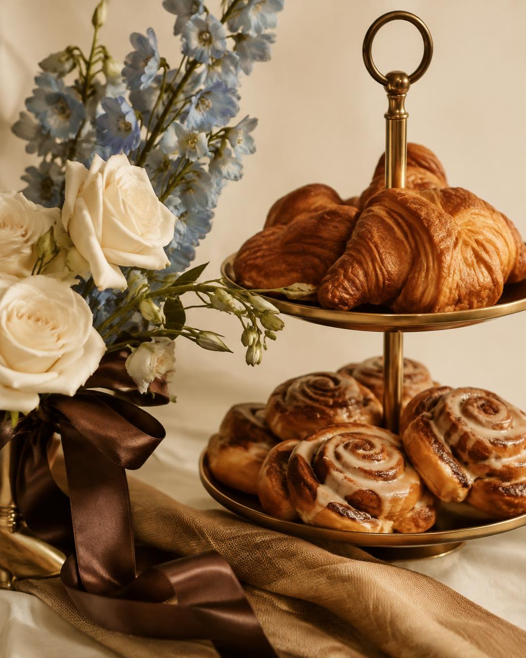 Croissants and cinnamon rolls on a gold tiered stand beside white roses and blue delphinium
